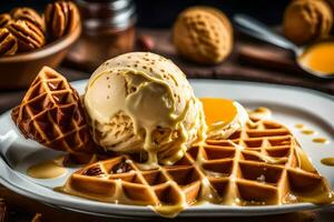 waffles with ice cream and caramel sauce on a plate. AI-Generated photo