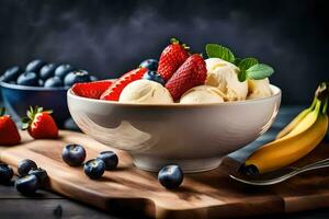 ice cream with berries and bananas in a bowl. AI-Generated photo