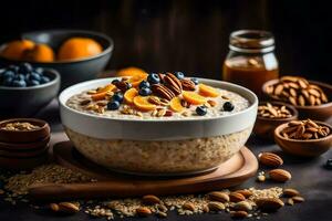 harina de avena con nueces y Fruta en un bol. generado por ai foto