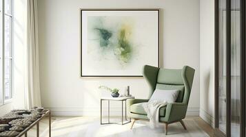 Modern Living Room with Light Green Wingback Chair and Large Art Frame Against White Wall. AI Generated photo