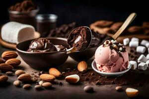 chocolate ice cream with almonds and marshmallows. AI-Generated photo