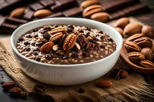 chocolate oatmeal in a bowl with nuts and chocolate. AI-Generated photo