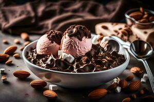 chocolate hielo crema en un cuenco con Almendras. generado por ai foto