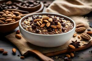 chocolate avena en un cuenco con nueces y Almendras. generado por ai foto