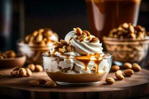 caramel ice cream with whipped cream and nuts on a wooden table. AI-Generated photo