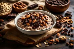 chocolate and almonds in a bowl. AI-Generated photo