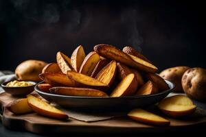 potato wedges in a bowl on a wooden table. AI-Generated photo
