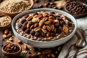 chocolate harina de avena con nueces y nueces en un bol. generado por ai foto