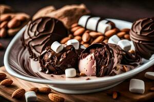 chocolate ice cream with almonds and marshmallows. AI-Generated photo