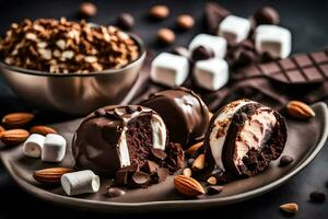 chocolate covered marshmallows and almonds on a plate. AI-Generated photo