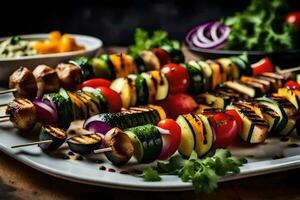 grilled vegetables on skewers with dip. AI-Generated photo