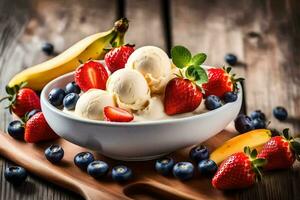 a bowl of ice cream with strawberries, blueberries and bananas. AI-Generated photo