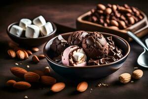 chocolate ice cream, almonds and marshmallows in a bowl. AI-Generated photo