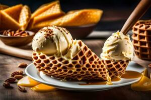 ice cream in waffle cone on a wooden table. AI-Generated photo