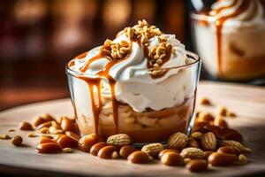 a dessert with whipped cream and nuts. AI-Generated photo