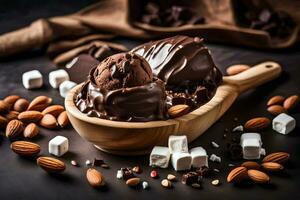 chocolate ice cream with almonds and marshmallows. AI-Generated photo