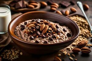 chocolate oatmeal with nuts and almonds in a bowl. AI-Generated photo