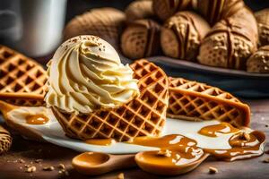 the waffle is topped with ice cream and caramel sauce. AI-Generated photo