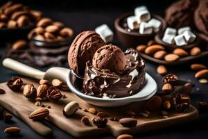 chocolate ice cream with nuts and marshmallows on a wooden board. AI-Generated photo