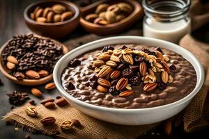 chocolate oatmeal with nuts and almonds. AI-Generated photo