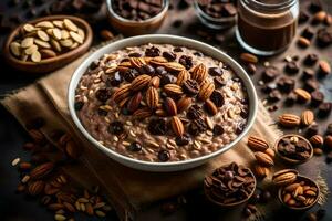 chocolate pacana harina de avena en un cuenco con nueces y nueces. generado por ai foto