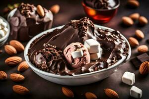 chocolate ice cream with marshmallows and almonds in a bowl. AI-Generated photo