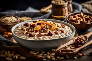 a bowl of oatmeal with nuts and dried fruits. AI-Generated photo