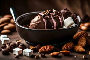 chocolate ice cream with almonds and marshmallows. AI-Generated photo