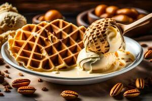 pacana gofre hielo crema con un cuchara. generado por ai foto