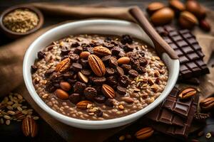 chocolate harina de avena con nueces y chocolate papas fritas en un bol. generado por ai foto