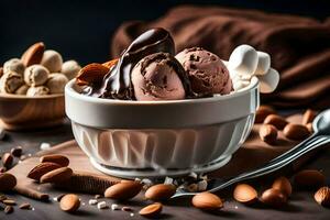 chocolate ice cream in a bowl with almonds and nuts. AI-Generated photo