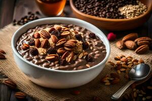 chocolate harina de avena con nueces y seco Fruta en un bol. generado por ai foto