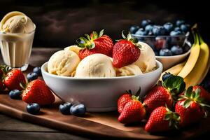 a bowl of ice cream with strawberries, blueberries and bananas. AI-Generated photo