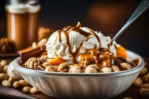 a bowl of ice cream with nuts and caramel sauce. AI-Generated photo