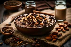 chocolate oatmeal with nuts and almonds in a bowl. AI-Generated photo