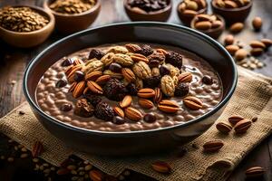 chocolate harina de avena con nueces y nueces en un bol. generado por ai foto