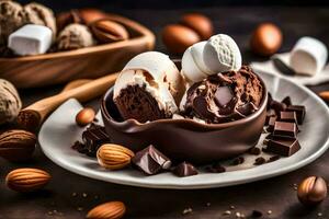 chocolate ice cream with marshmallows and nuts in a bowl. AI-Generated photo