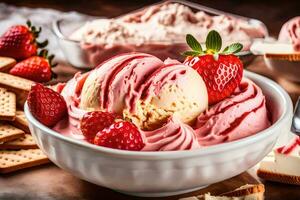 a bowl of ice cream with strawberries and crackers. AI-Generated photo