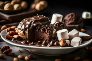 chocolate ice cream with nuts and marshmallows on a plate. AI-Generated photo