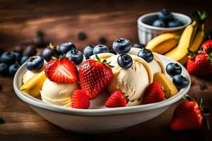 un cuenco de hielo crema con fresas, arándanos y plátanos generado por ai foto