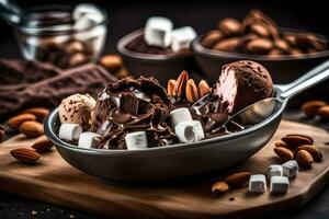 chocolate ice cream with marshmallows and almonds in a bowl. AI-Generated photo