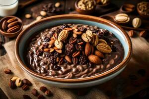 chocolate avena en un cuenco con nueces y Almendras. generado por ai foto
