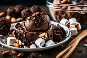 chocolate ice cream with almonds and marshmallows. AI-Generated photo