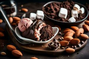 chocolate hielo crema con Malvaviscos y Almendras. generado por ai foto