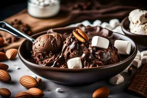 chocolate ice cream with marshmallows and almonds in a bowl. AI-Generated photo