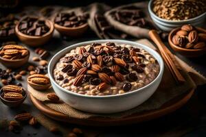chocolate pecan oatmeal in a bowl with nuts. AI-Generated photo