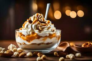 caramel and nuts dessert in a glass bowl. AI-Generated photo