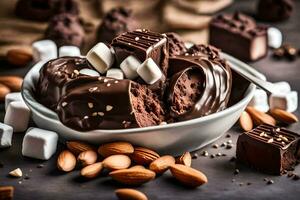 chocolate covered marshmallows and almonds in a bowl. AI-Generated photo