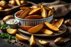 potato wedges with a dip. AI-Generated photo