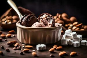 chocolate ice cream in a bowl with almonds and marshmallows. AI-Generated photo